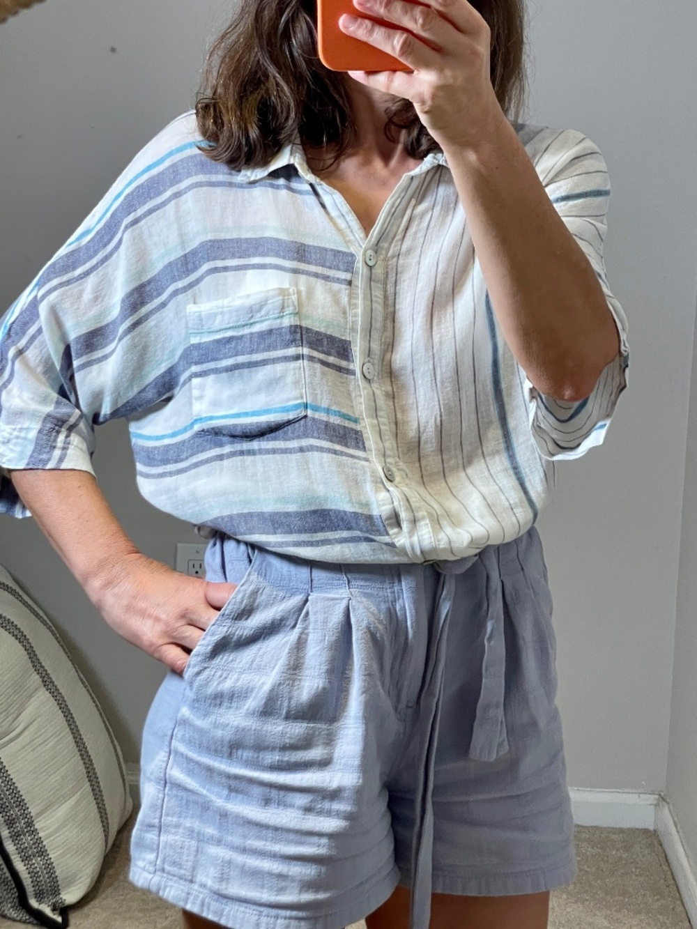 asymetrical stripe blue white Rails shirt linen M short batwing sleeve